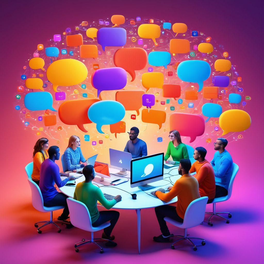 A vibrant digital illustration depicting a diverse group of people engaged in a lively online discussion, surrounded by floating speech bubbles filled with creative ideas and knowledge. The scene symbolizes connection and community with intertwining threads representing relationships. Include elements like a glowing computer screen and colorful icons symbolizing different topics of conversation. super-realistic. vibrant colors. 3D.