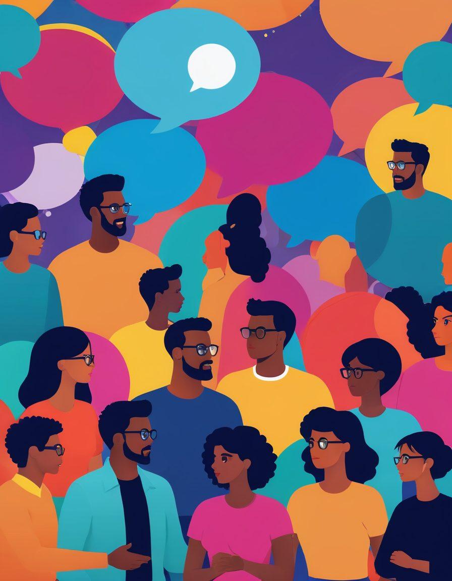 A lively digital community scene featuring diverse individuals engaging in vibrant threaded discussions on a virtual platform, with colorful chat bubbles and user contributions displayed around them. Illustrate a mix of technology and creativity, showcasing a blend of ideas and collaboration. Exude a sense of connection and engagement through bright colors and dynamic expressions. vector art. vibrant colors. flat design.