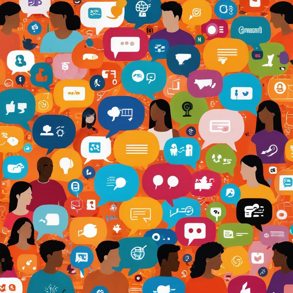 A vibrant collage depicting various digital threads connecting diverse people engaged in lively discussions, symbolizing communication and understanding. Illustrate a mix of social media icons and threads weaving through speech bubbles filled with diverse languages and ideas. Incorporate warm colors to evoke a sense of community and connection. The background should be soft and inviting to enhance the theme of meaningful conversations. digital art. vibrant colors.